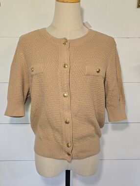 NWT Ann Taylor Factory Short Sleeve Honeycomb Knit Cardigan Top Tan Gold Button